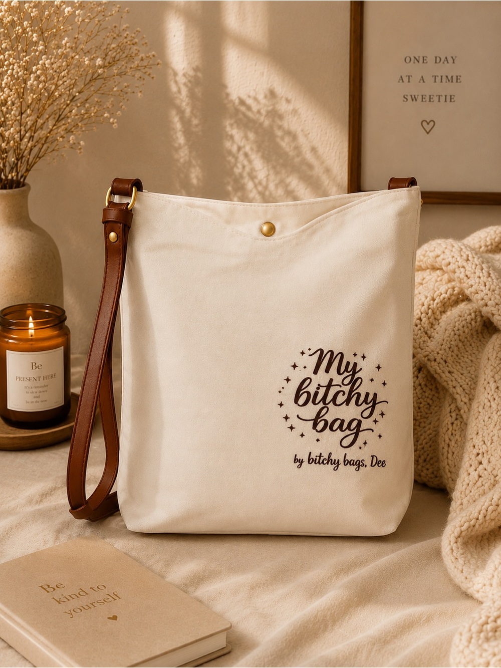 My Bitchy Bag White Canvas Brown, Leather Straps Crossbody Tote Get Yours!